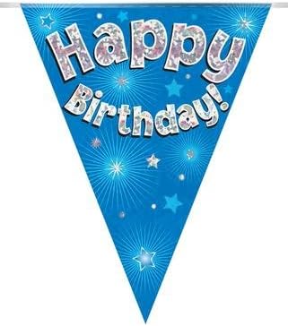 Happy Birthday Blue Holographic Foil Party Bunting - 3.9m Long, 11 Flags
