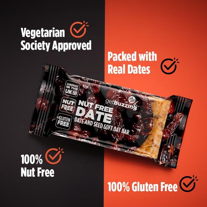 Getbuzzing Nut Free Oat Flapjack Healthy Snack & Energy Bars - Date & Seed, 20 Pack