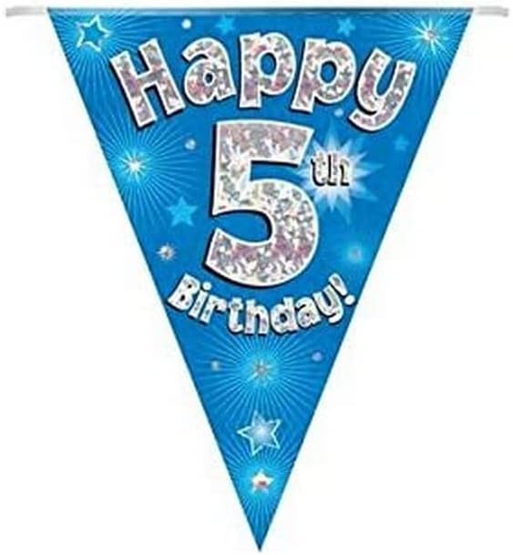 Party Bunting - Happy 5th Birthday Blue Holographic 11-Flag Banner 3.9m