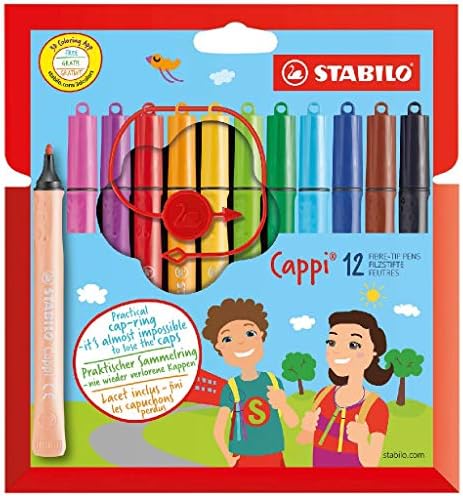 STABILO Cappi Felt Tip Pen Wallet - 12 Assorted Colors with Cap Ring for Kids