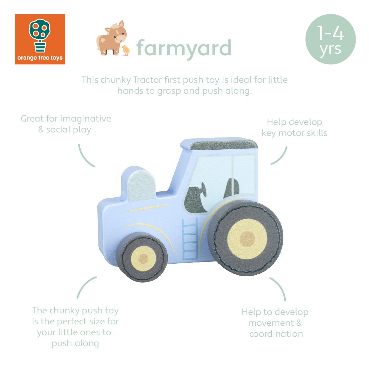 Orange Tree Toys OTT07634 Wooden Push Toy - Educational Farm Tractor for Toddlers 12 Months+