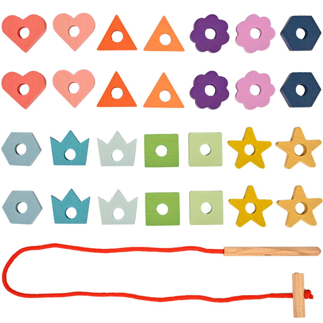 TickiT Rainbow Wooden Lacing Shapes - Educational Threading Toy for Toddlers 3+