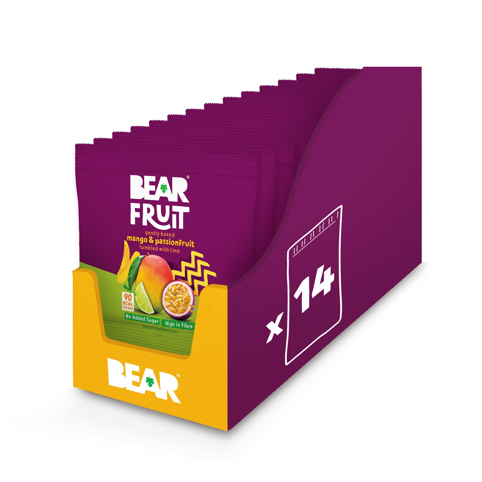 BEAR Fruit Dried Mango & Passionfruit Packs - Gently Baked, No Added Sugar, Vegan, 14 x 30g