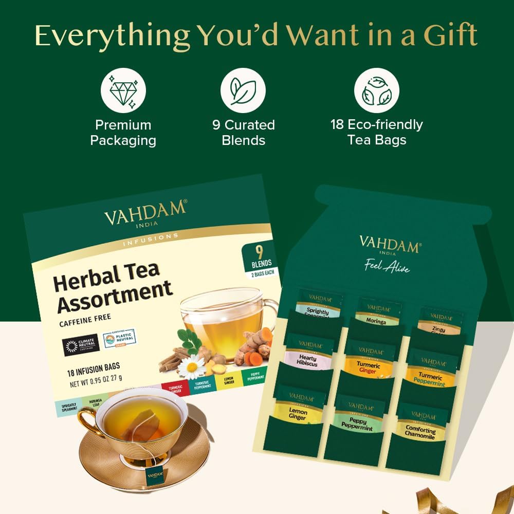 VAHDAM - Assorted Herbal Tea Sampler (18 Tea Bags, 9 Flavors) Caffeine-Free