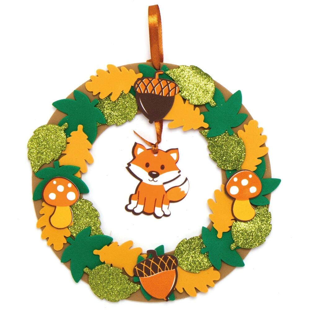 Baker Ross Autumn Wreath Craft Kit - Pack of 3 Foam Wreath Templates with Glitter Stickers and Ribbon