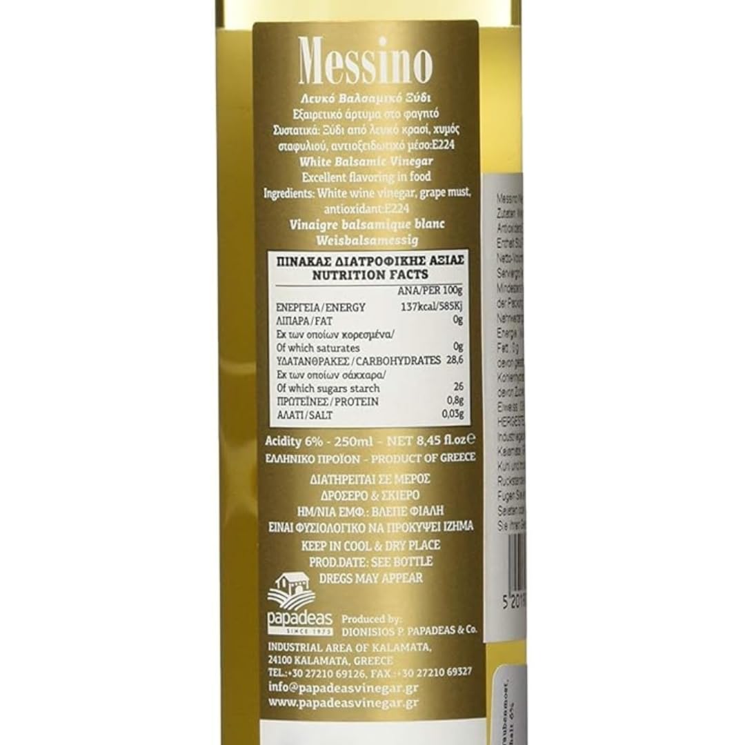 Messino Greek White Balsamic Vinegar - No Added Sugar - Vegan - 2 x 250ml
