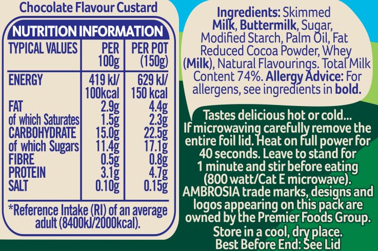 Ambrosia Devon Custard Chocolate Flavour, Creamy Ready-to-Eat Dessert, 150g