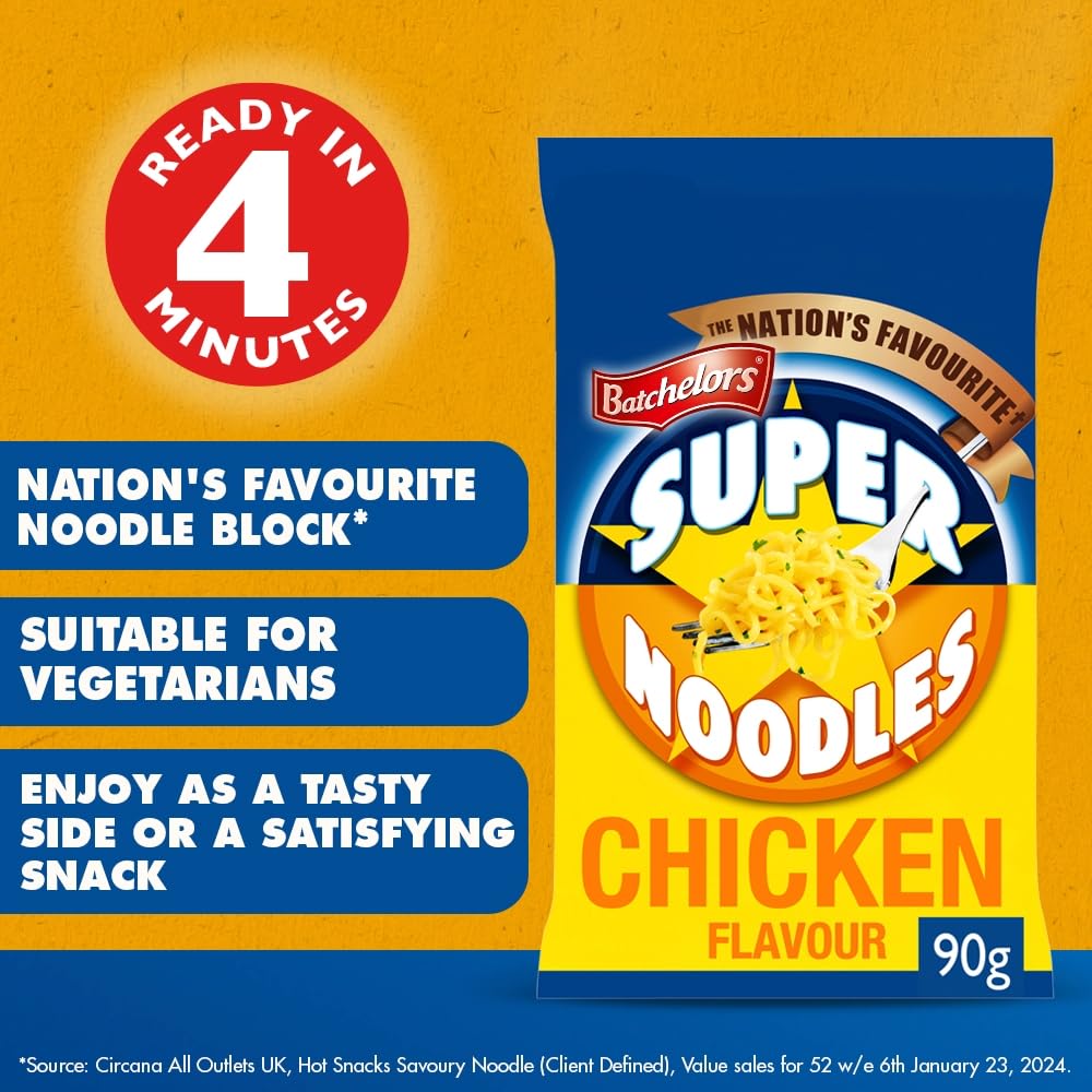 Batchelors Super Noodles Chow Mein Flavour, Instant Noodles Snack Cup, 90g