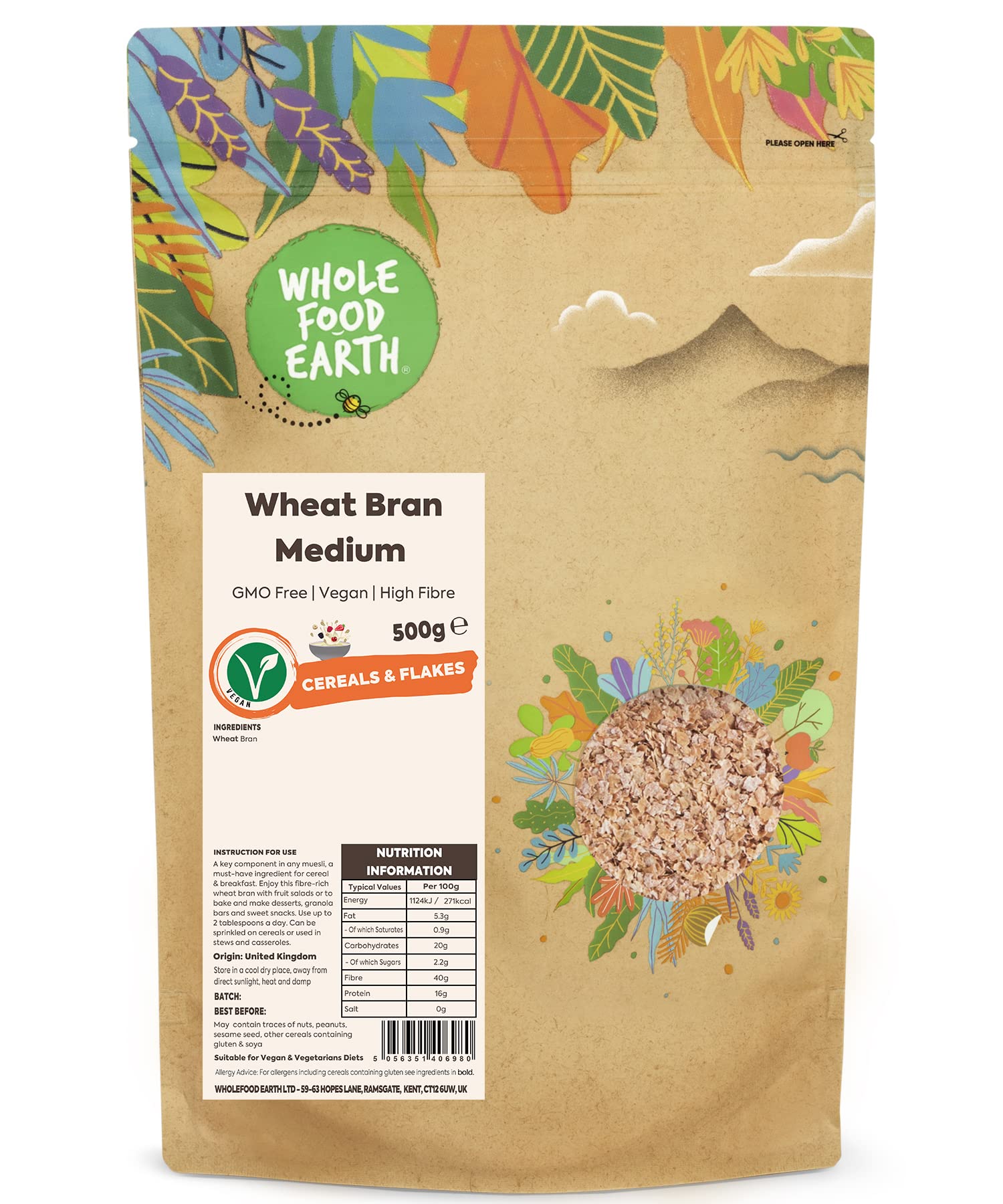 Whole Food Earth® Wheat Bran Medium, GMO Free, High Fibre, 500 g