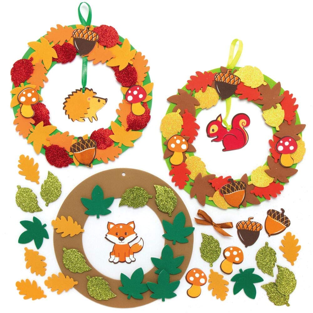 Baker Ross Autumn Wreath Craft Kit - Pack of 3 Foam Wreath Templates with Glitter Stickers and Ribbon