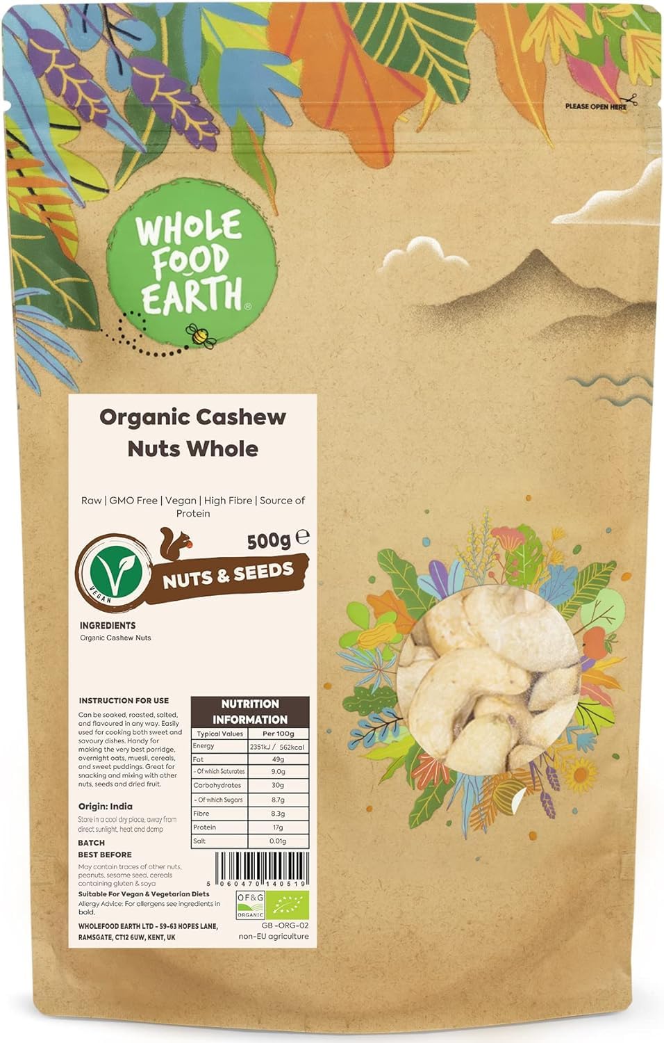Wholefood Earth Organic Cashew Nuts Whole – 500g | Raw | GMO Free | Vegan