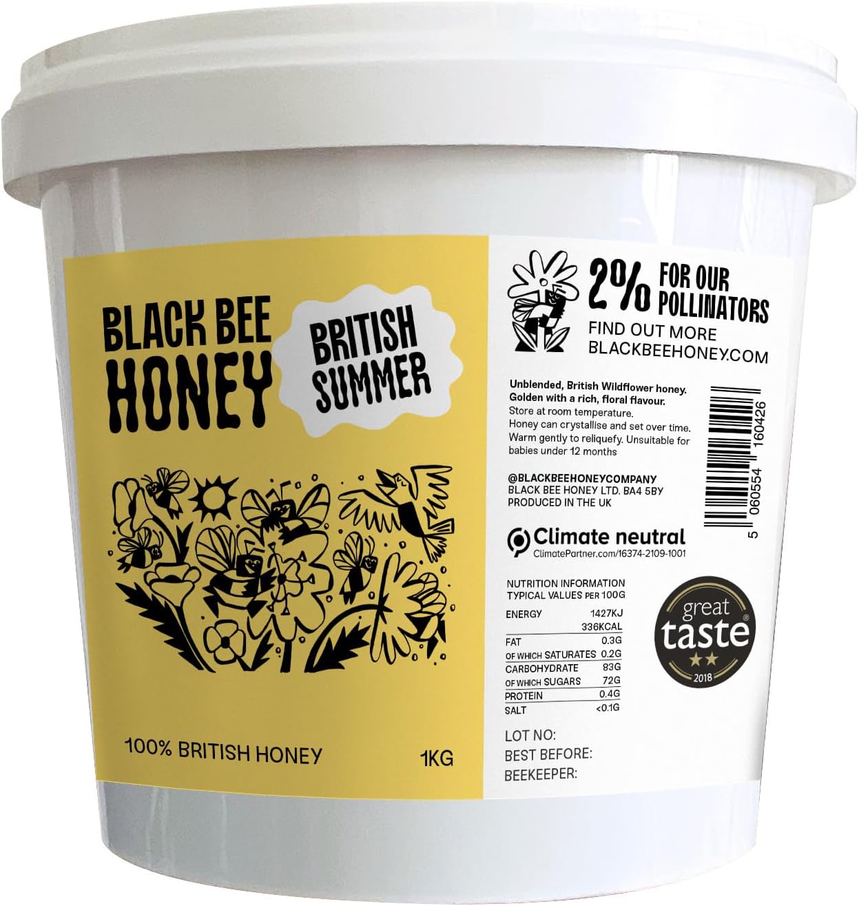 British Summer Honey - Pure and Natural, Single-Origin, Unpasteurised, 1 kg Plastic Tub