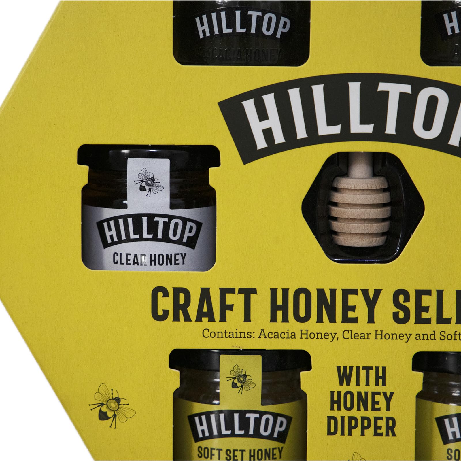 Hilltop Craft Honey Selection Box | 6 x 28g Jars with Wooden Honey Dipper
