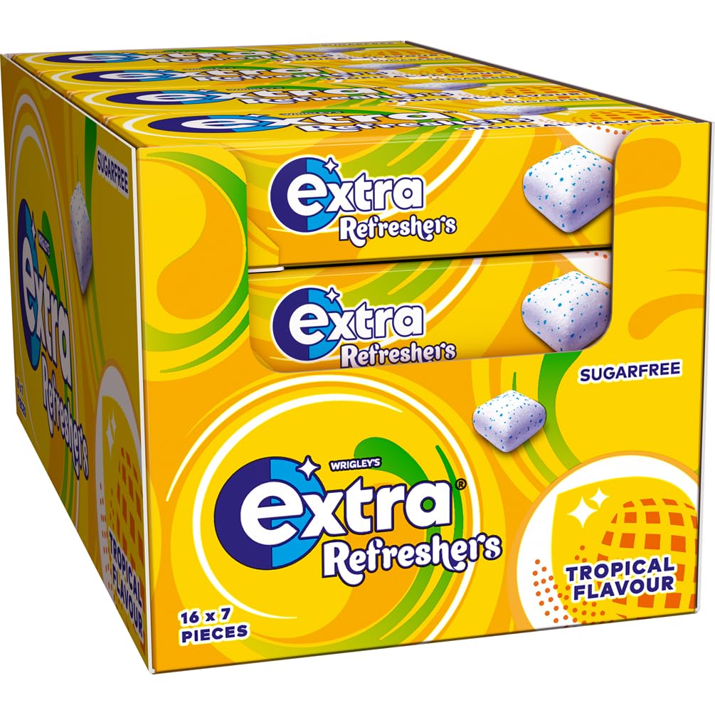 Extra Refreshers Tropical Flavour Sugar-Free Chewing Gum - 16 Packs (112 Pieces) with Xylitol