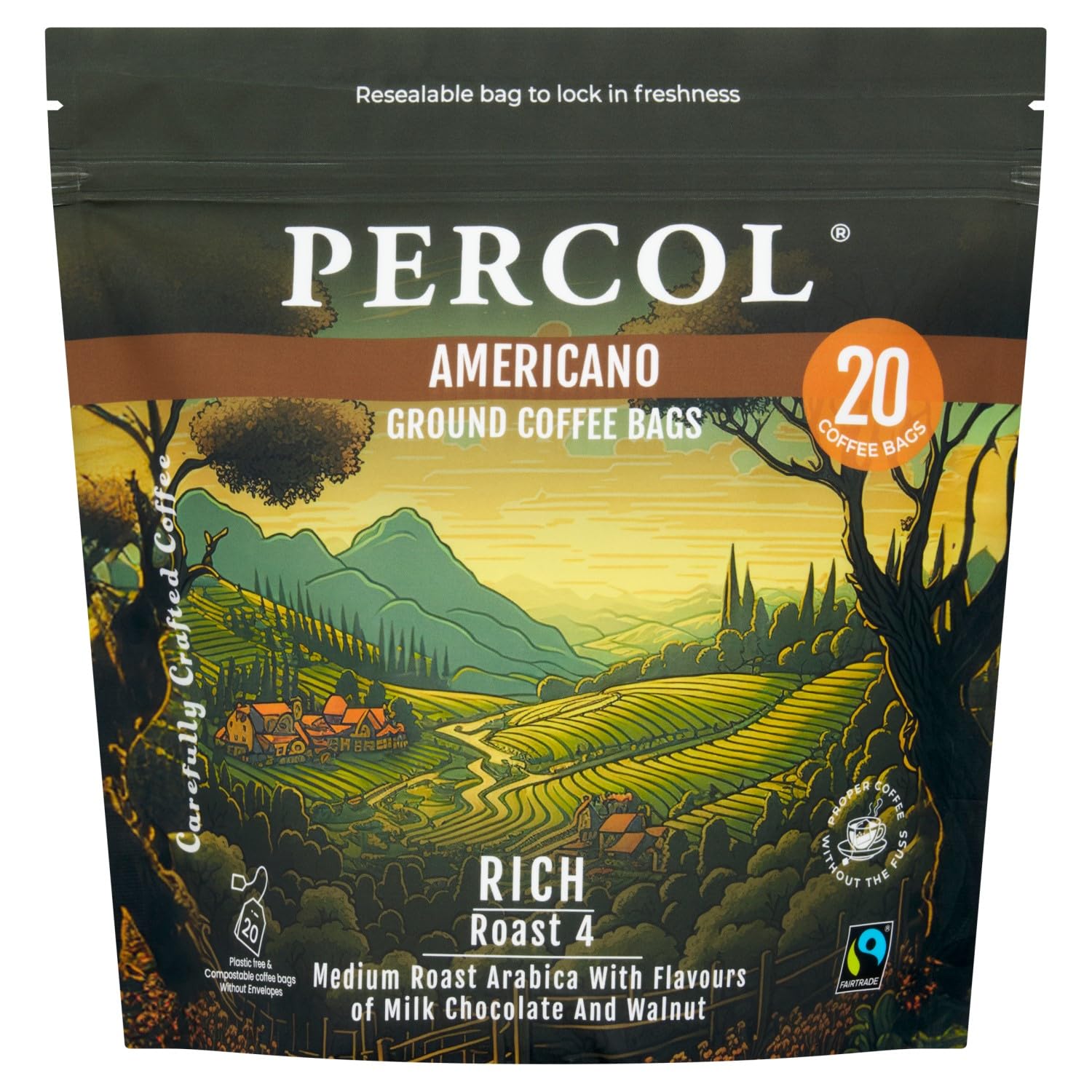 Percol Americano Loose Packed Ground Coffee Bags (80x8g) - Medium Roast Fairtrade Arabica