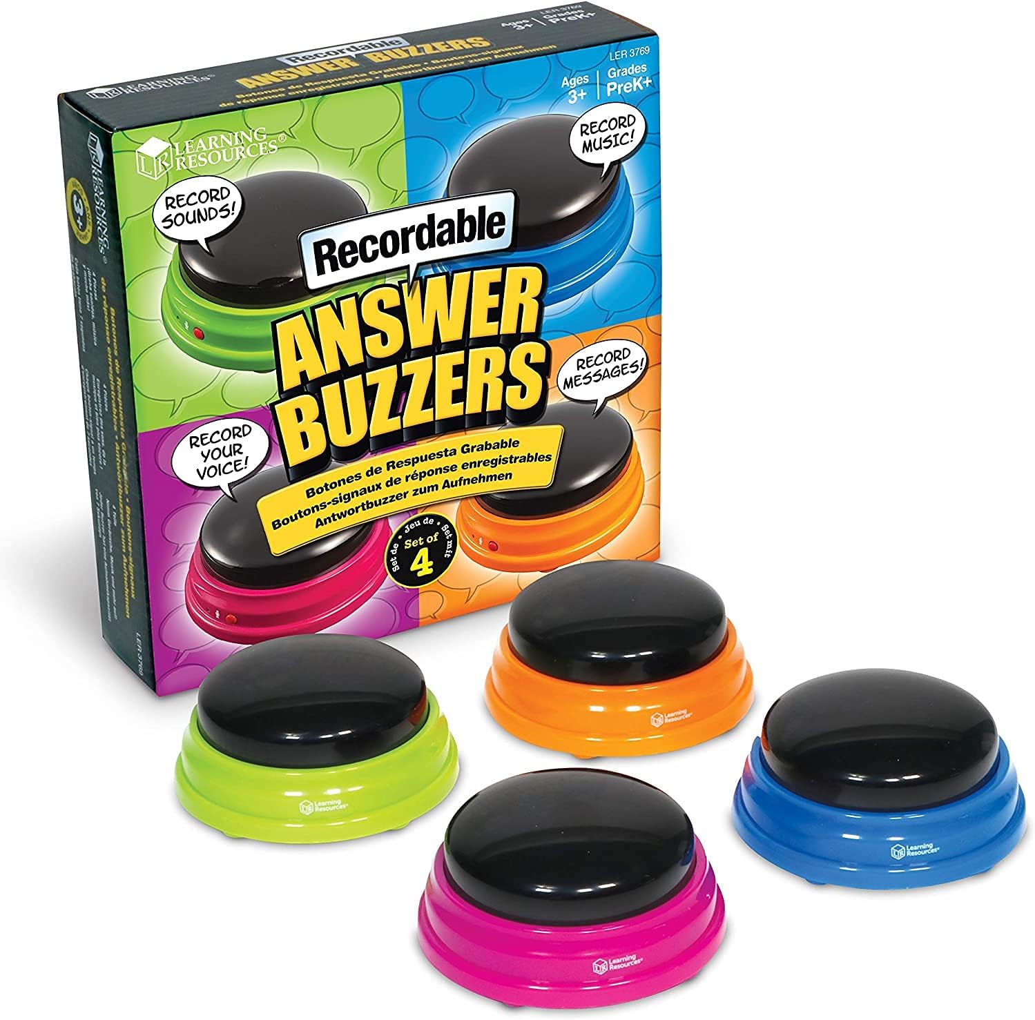 Learning Resources Recordable Answer Buzzers - 7-Second Sound Recording, 4-Color Set, Ages 3+