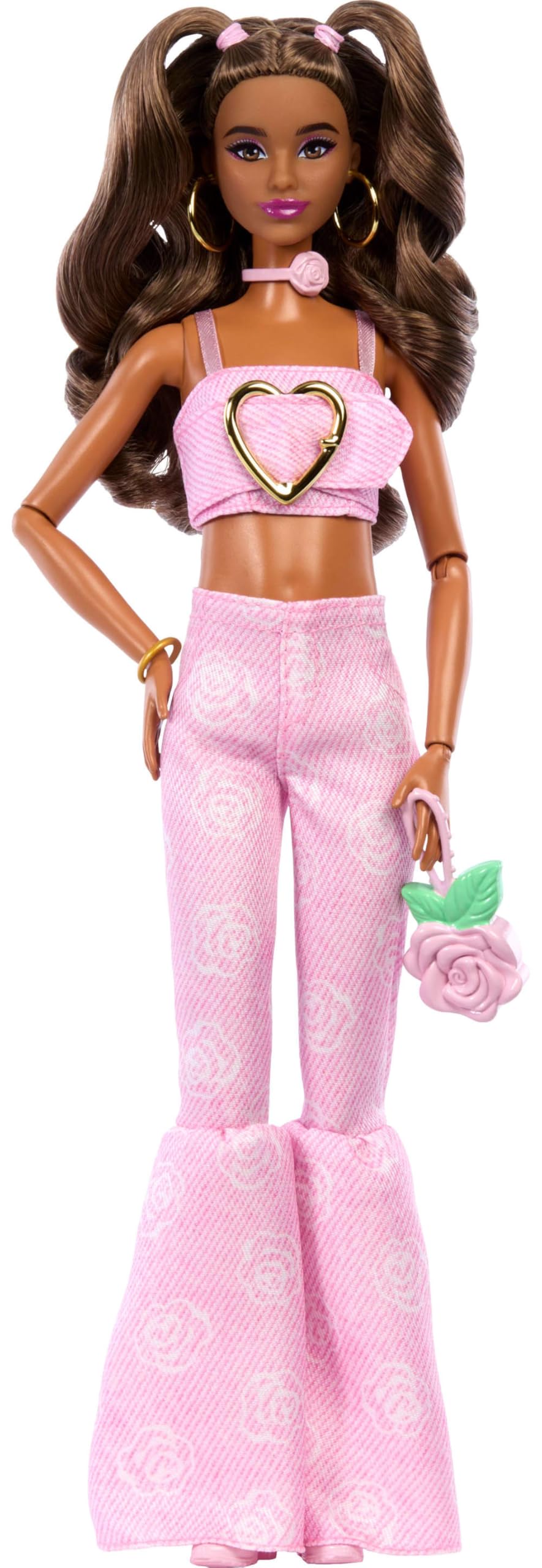 Barbie Deluxe Style Doll #12 in Pink Denim Crop Top with Rose Print Flare Jeans