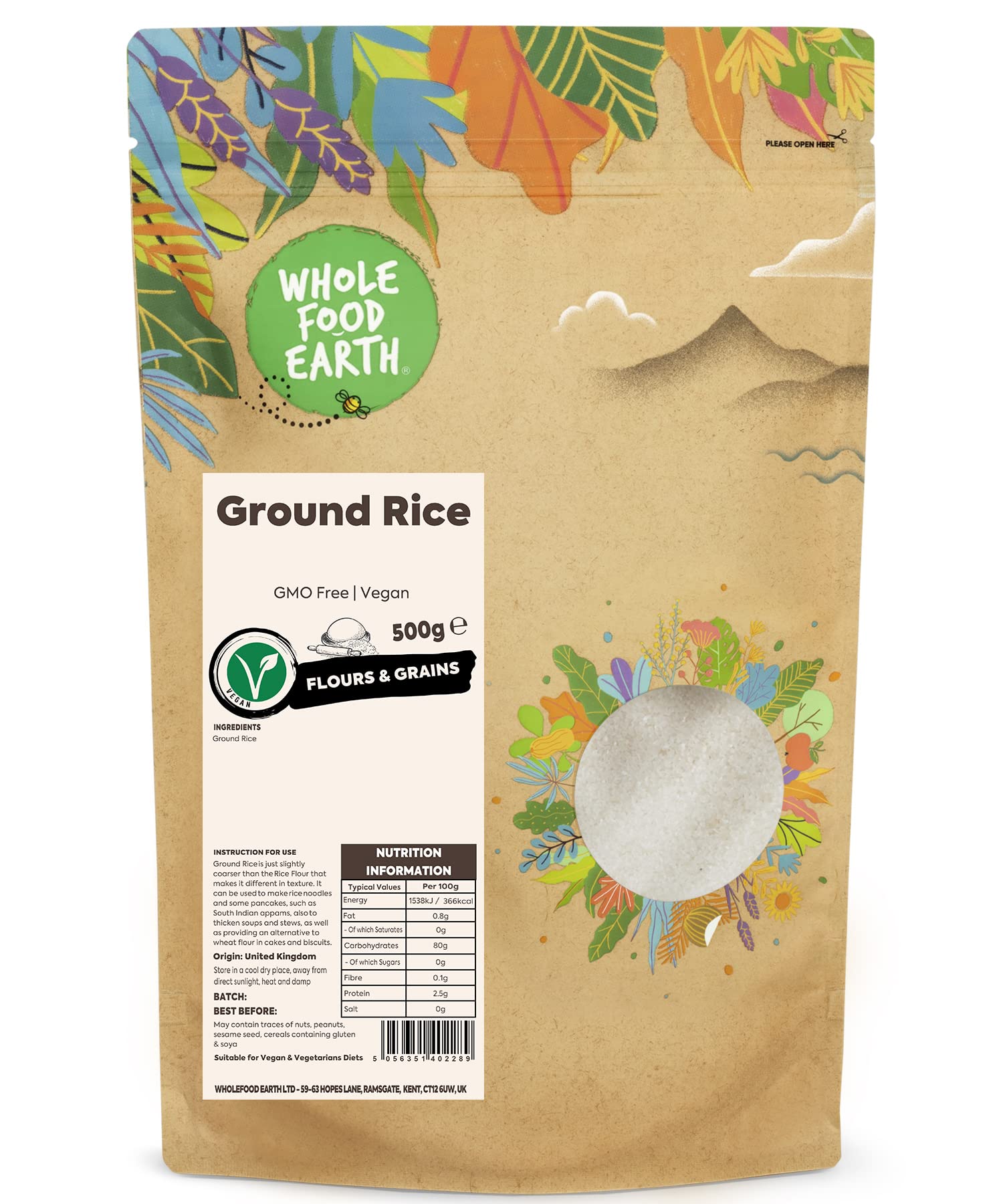 Wholefood Earth Ground Rice 500g - GMO-Free Coarse Rice for Cooking & Baking