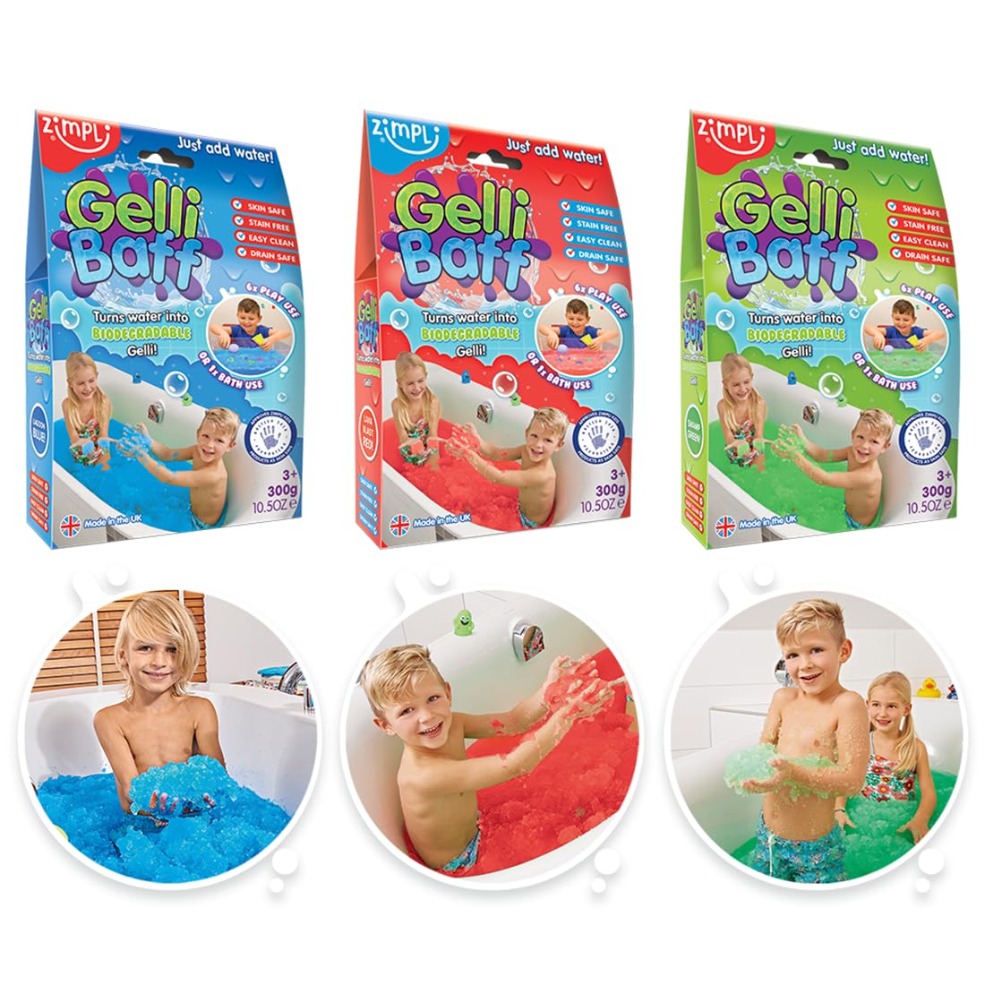 Zimpli Kids Gelli Baff 3-Pack Bundle - Blue, Red & Green Slime Powder for Kids