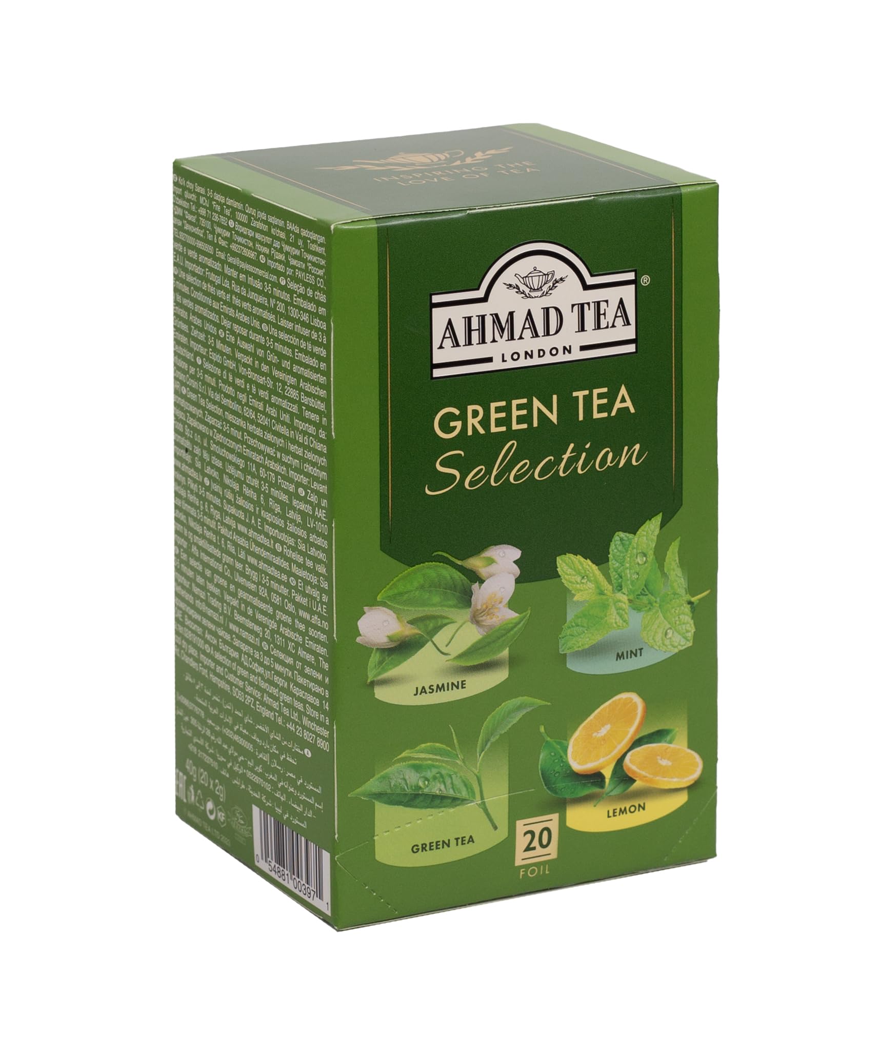 Ahmad Tea Green Tea Selection Pack - 20 Teabags with Jasmine, Mint & Lemon Varieties