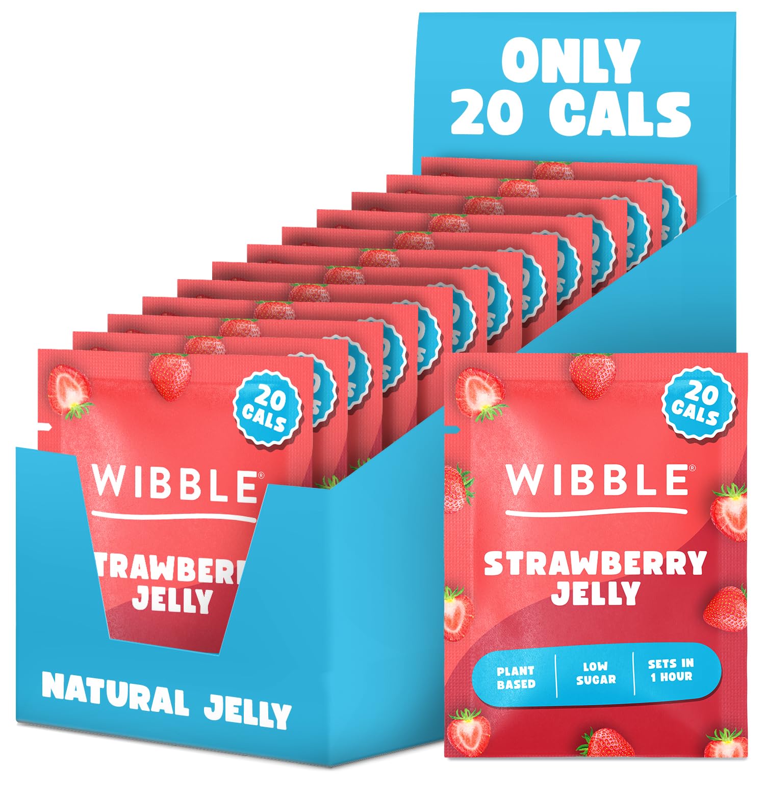 Wibble Strawberry Jelly Crystals, Plant-Based Low Sugar Jelly Powder, 12-Pack, Quick-Set Vegan Dessert