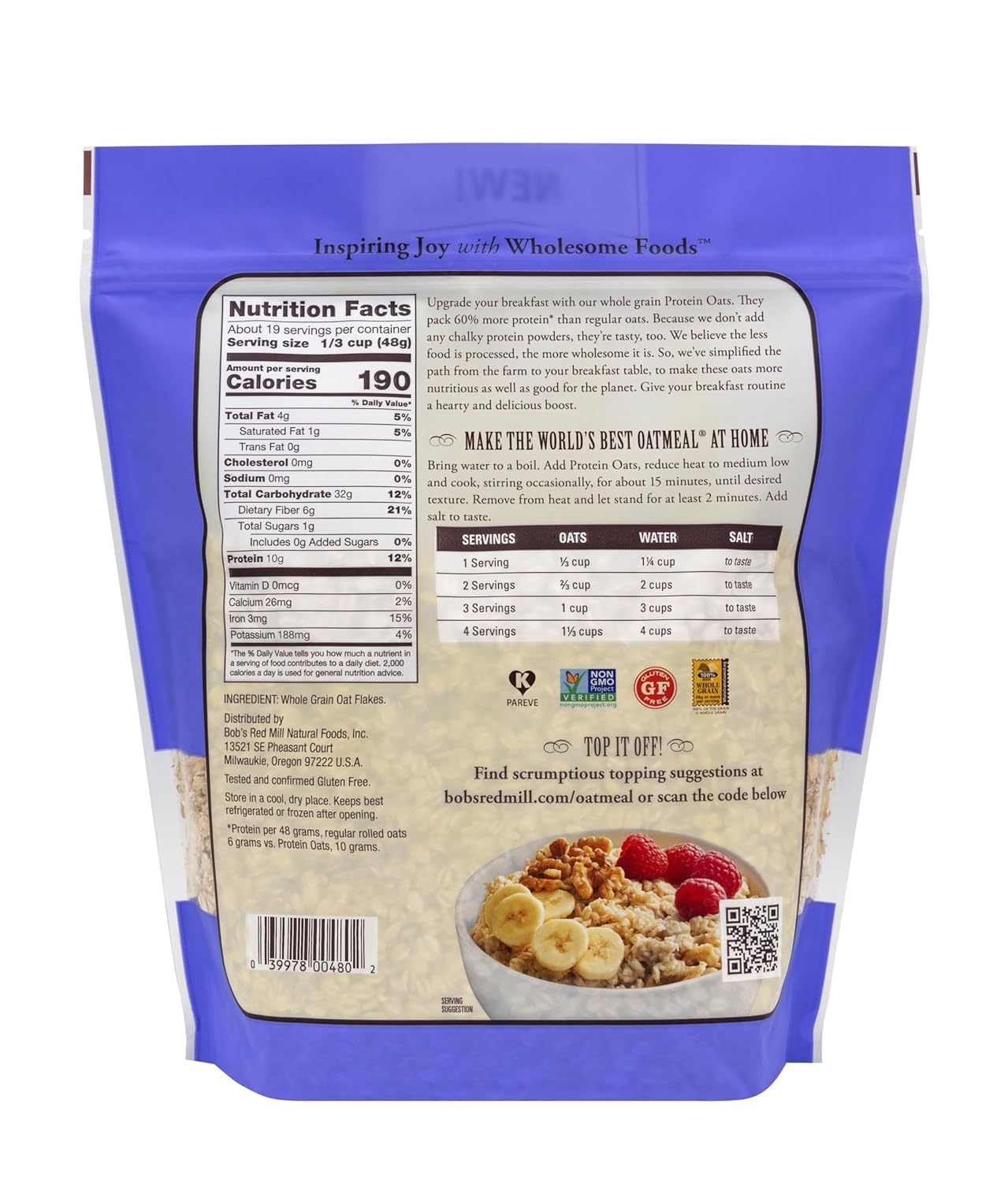 Bob's Red Mill Gluten Free Protein Oats, 907g – 10g Protein Per Serving, Non-GMO, Whole Grain Rolled Oats