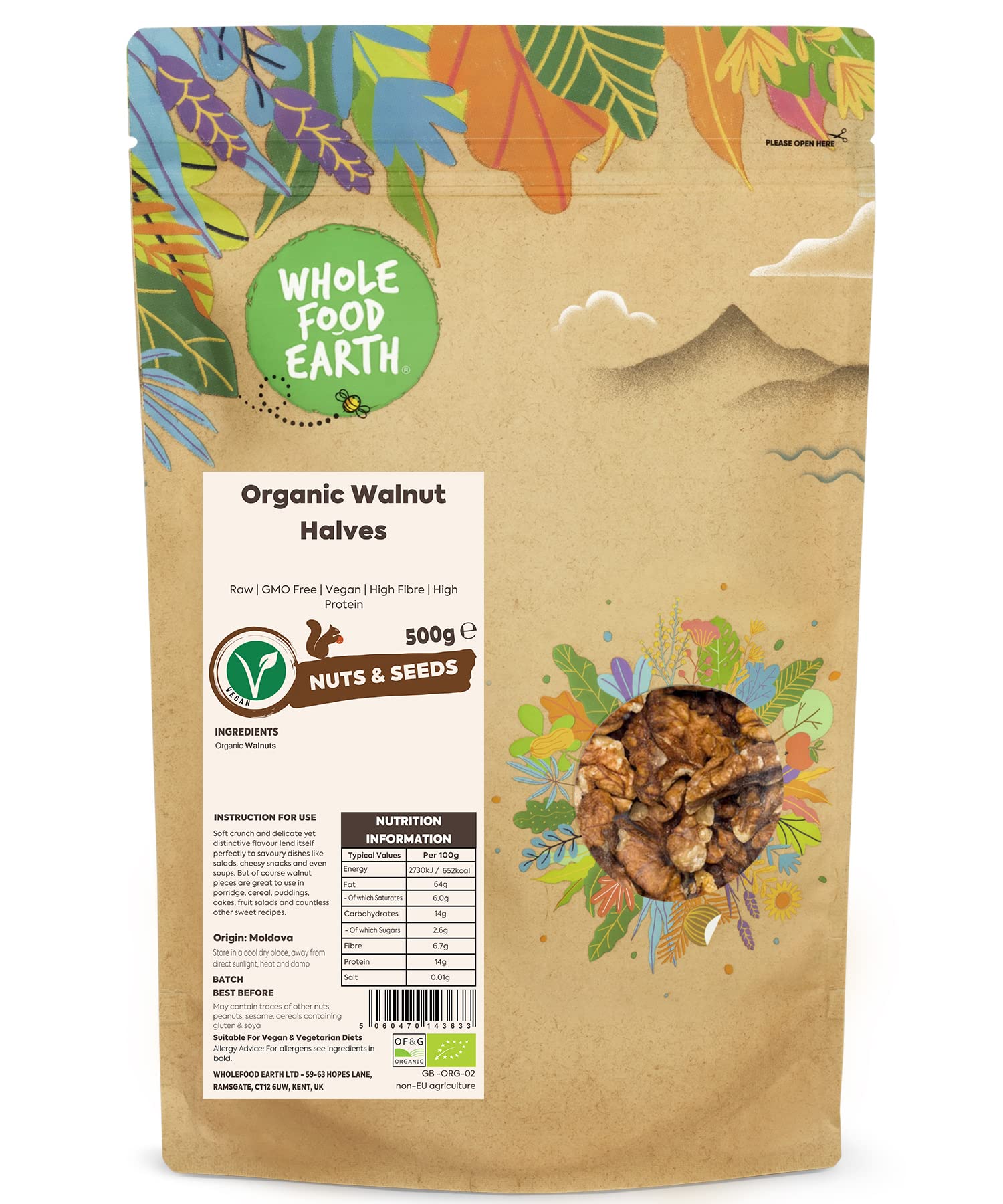 Wholefood Earth Organic Walnut Halves 500g Raw | GMO Free | Vegan | High in Protein