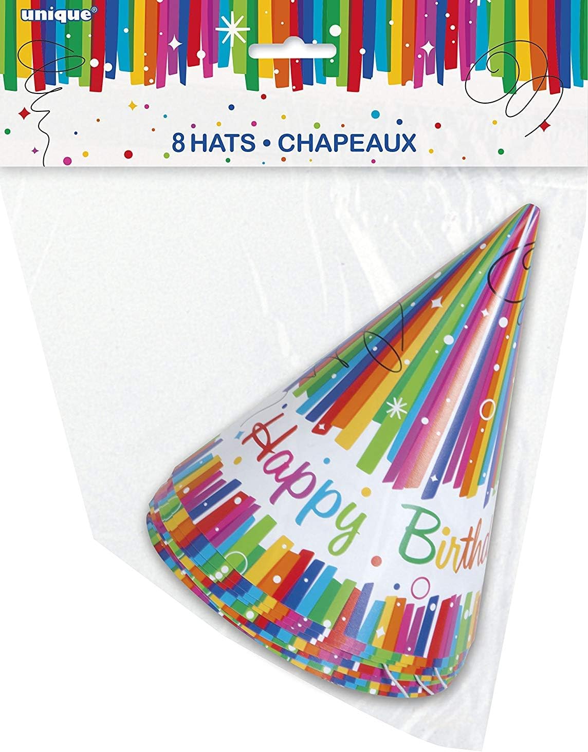 Rainbow Ribbons Birthday Party Hats, Pack of 8 - Cone Paper Hats with Elastic Band