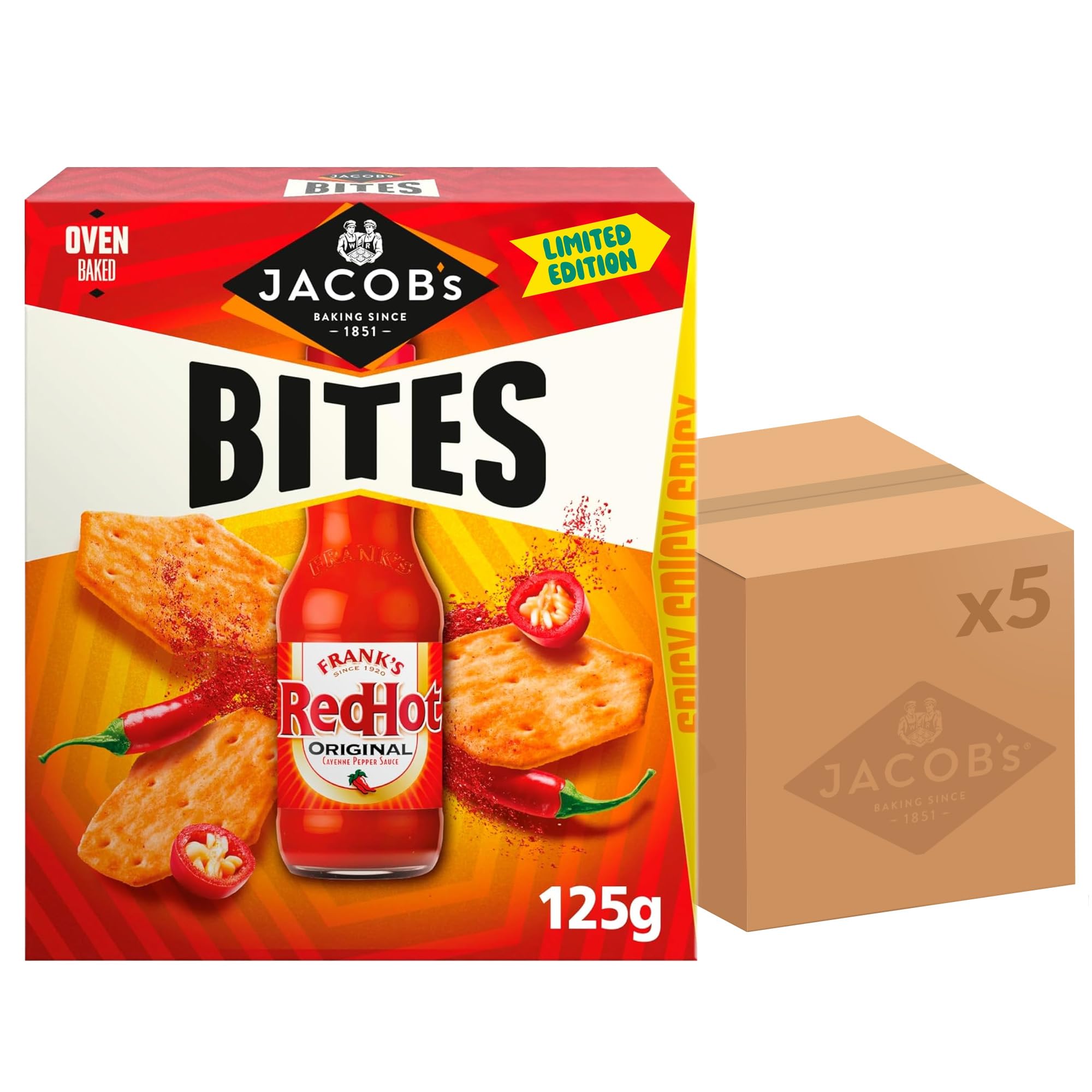 Jacob's Bites Franks RedHot Original Crackers, 125g (Pack of 5)