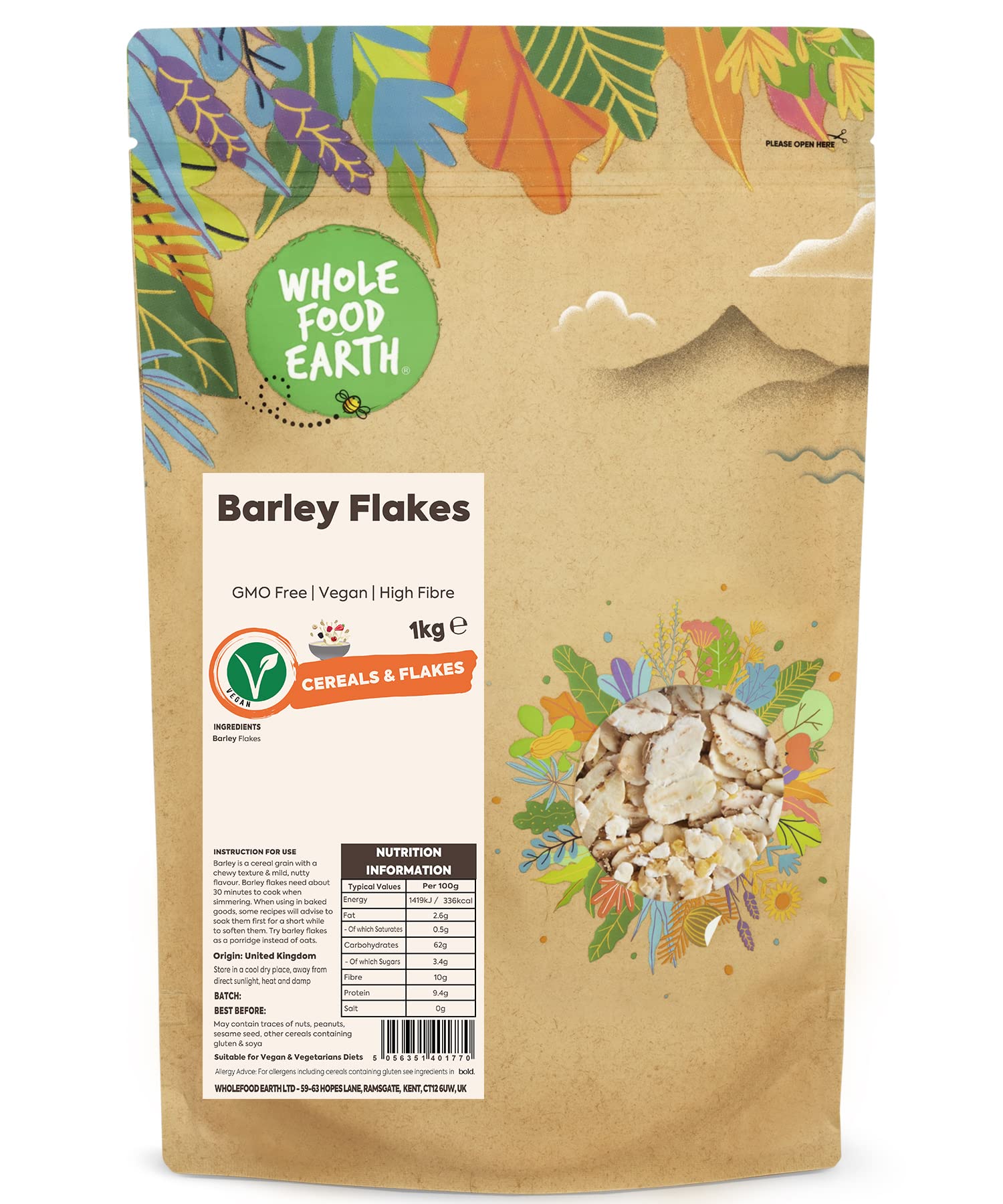 Wholefood Earth Barley Flakes 1 kg | GMO Free | High Fibre | Vegan Friendly