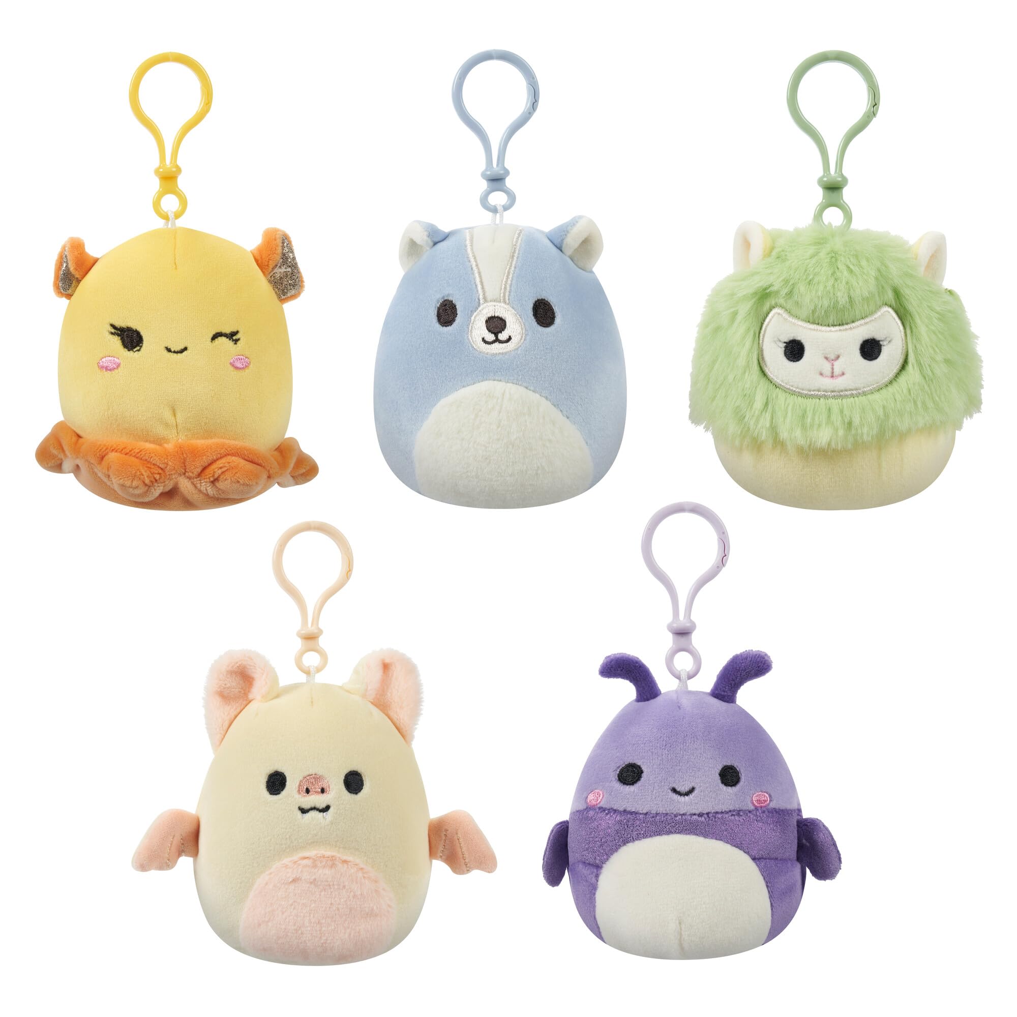 Squishmallows 3.5-Inch Clip-On 5 Pack Plush - Blue Skunk, Cream Bat, Purple Character