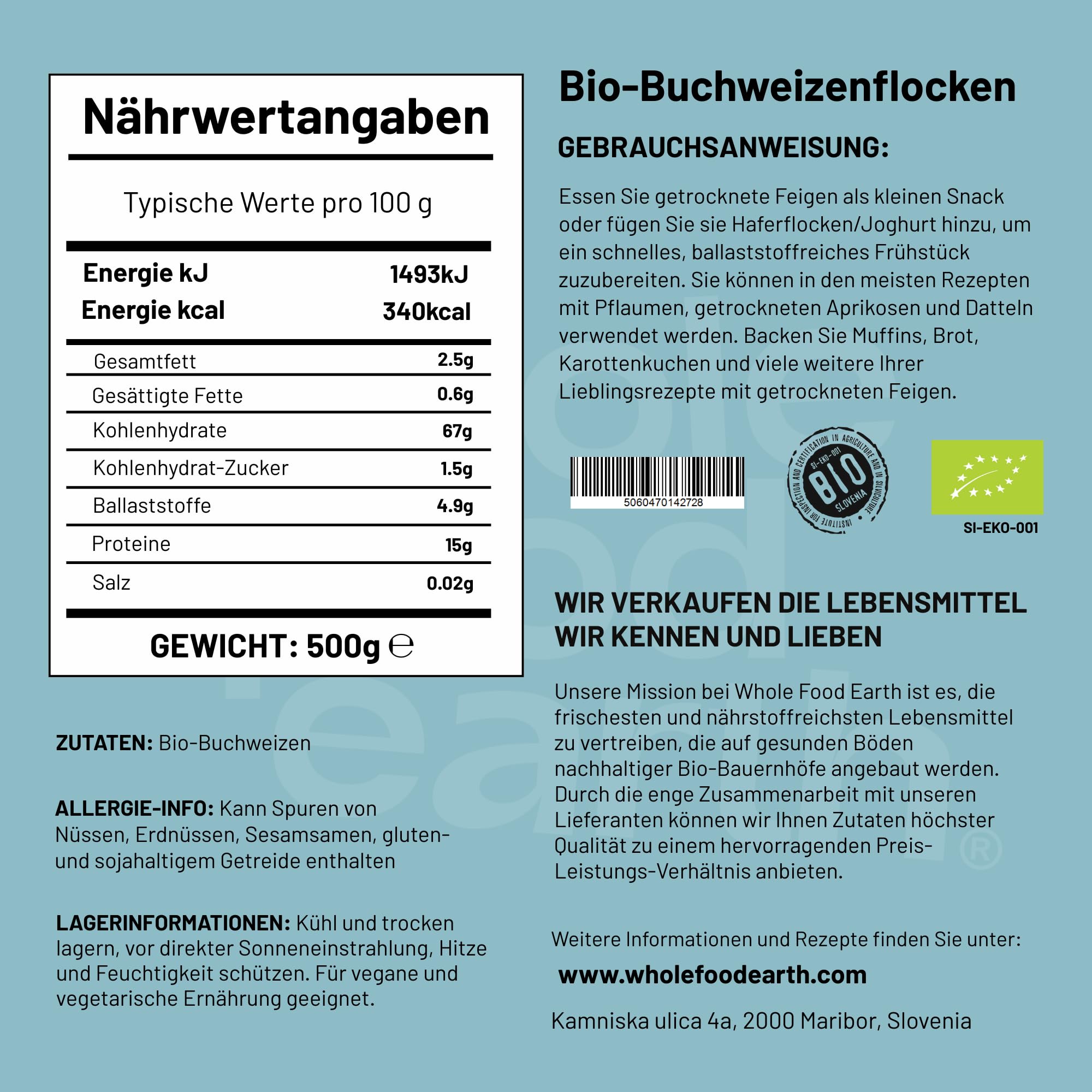 Wholefood Earth Organic Buckwheat Flakes – 500g | Raw | GMO Free | Vegan | Source of Fibre | Certified Organic