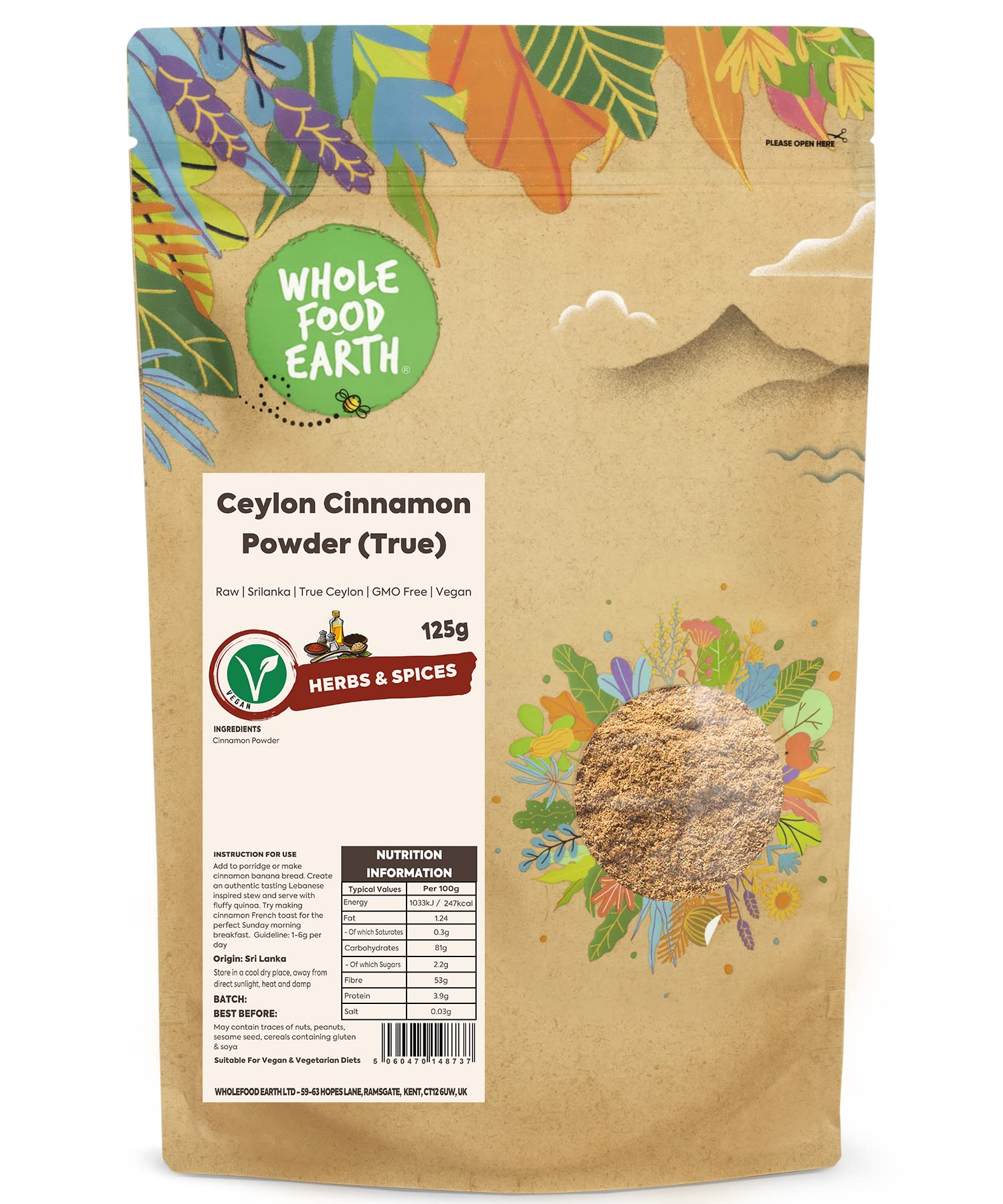 Wholefood Earth - Ceylon Cinnamon Powder (True) 125g - Raw - GMO Free - Recyclable Packaging