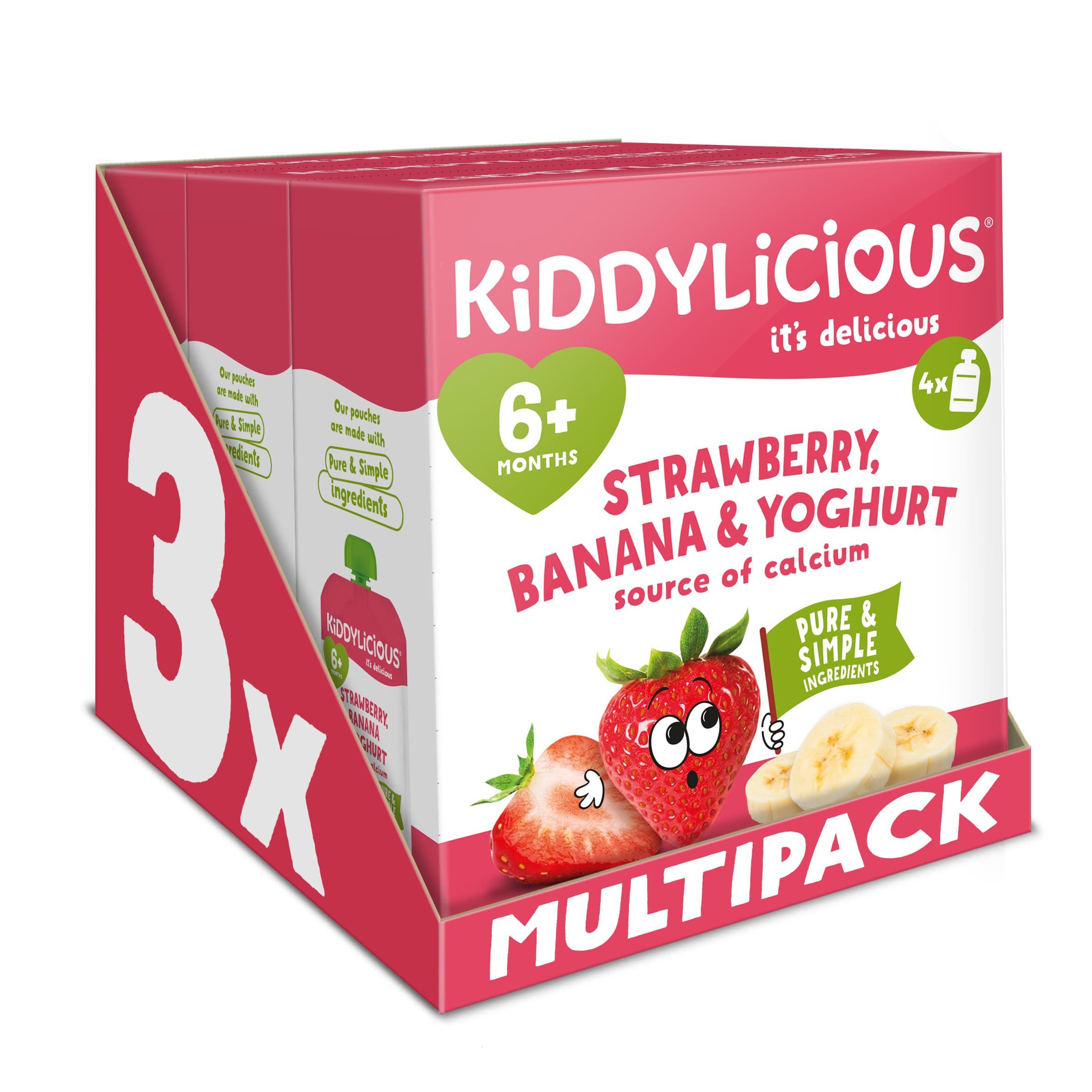 Kiddylicious Strawberry & Banana Yogurt Pouches - 12 Pouches (3 Multipacks)