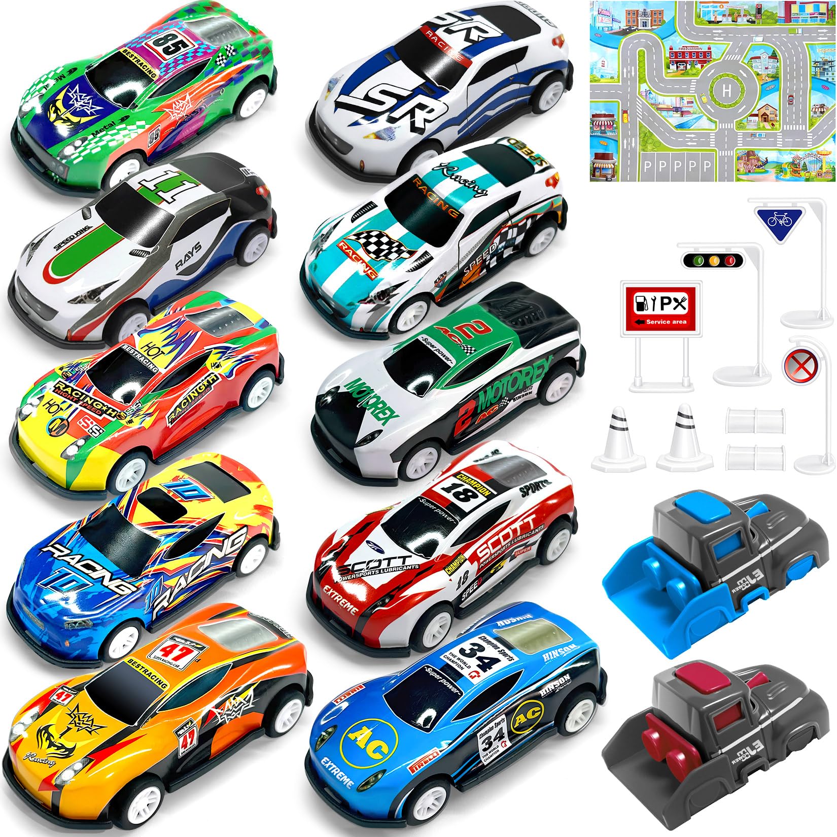 TOYABI Toy Cars - 10Pcs Pull Back Racing Set with Launcher, Mat & Obstacles for Kids