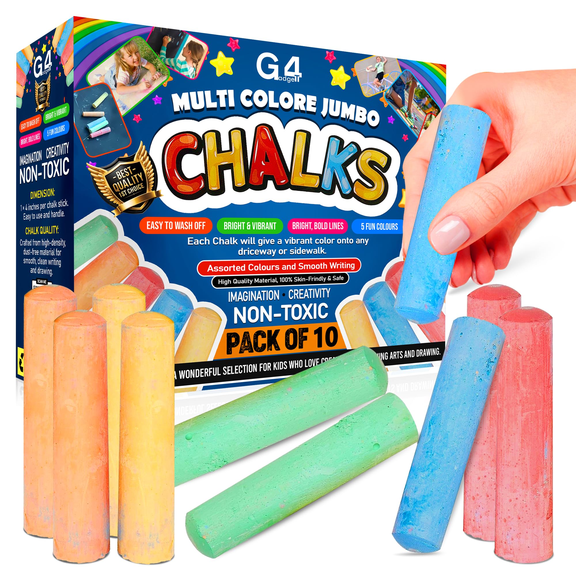 G4GADGET 10 Jumbo Chalks for Kids - Giant Chunky Outdoor Pavement Chalk Set for Ages 3+