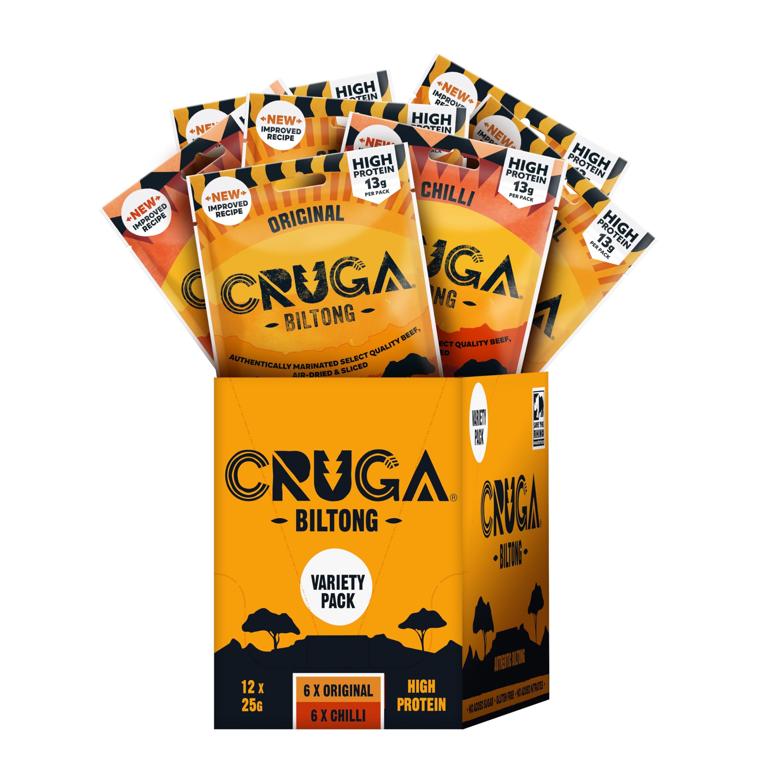 Cruga - Biltong Beef Jerky Multipack with Original & Chilli Flavours (12 x)