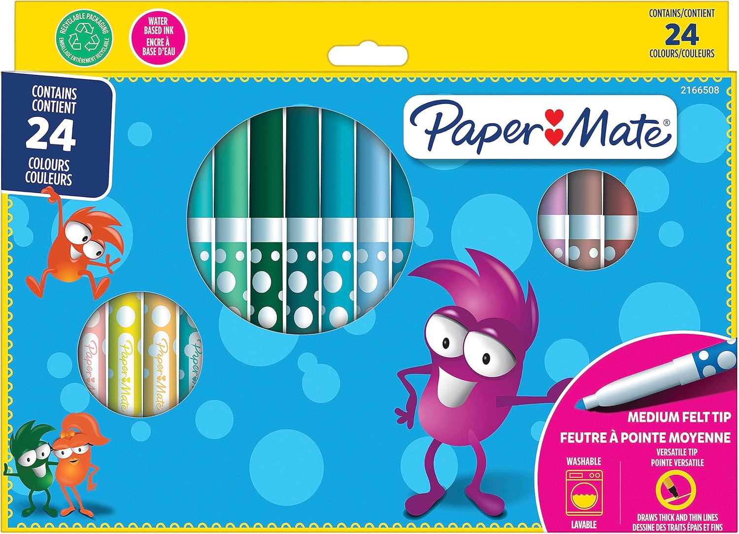 Paper Mate Children's Felt Tip Pens - Washable Ink, 24 Assorted Vivid Colors, Ages 3+