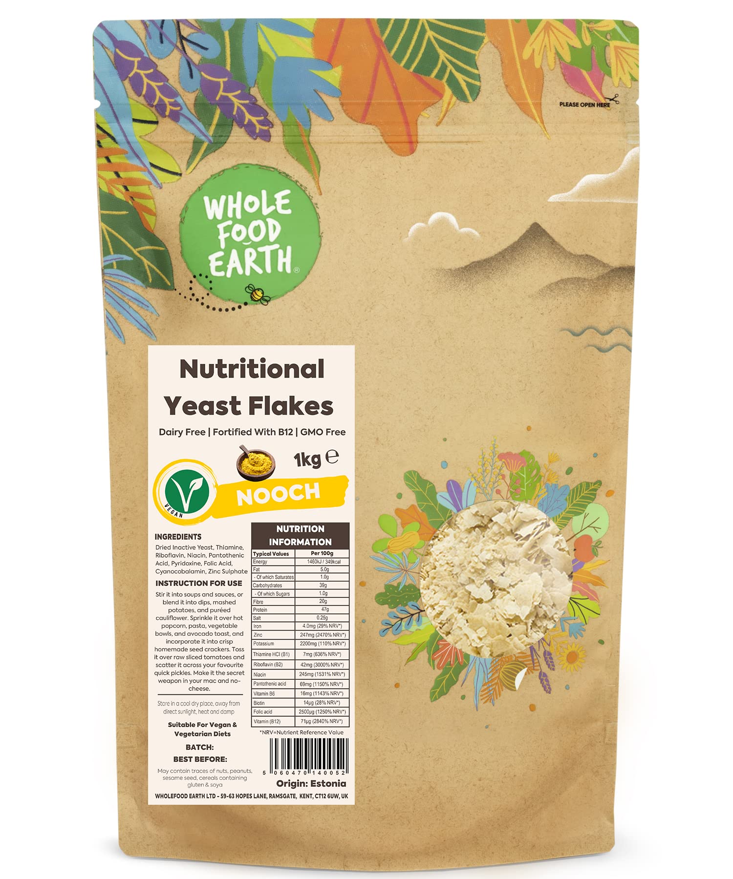 Wholefood Earth Nutritional Yeast Flakes with B12 - 1 kg Dairy Free GMO Free