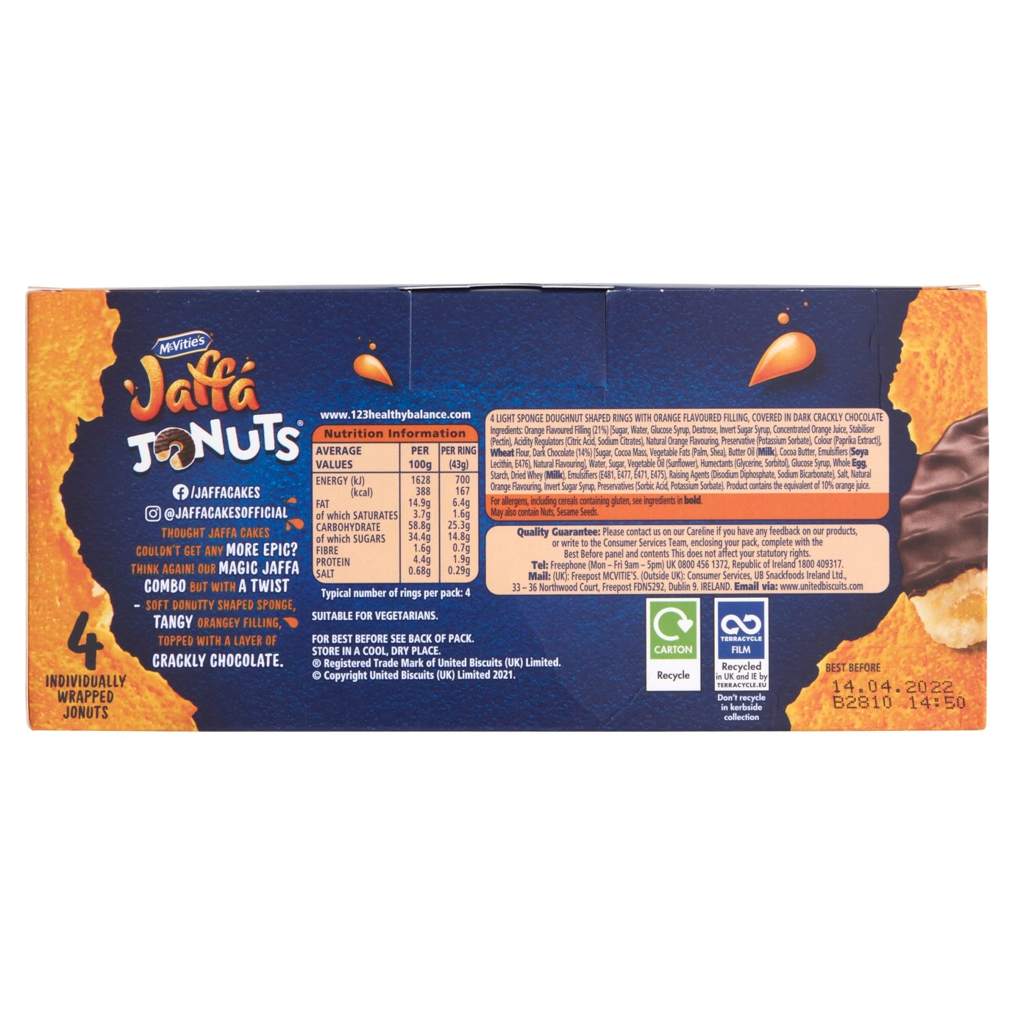 McVitie's Jaffa Cakes Original Jaffa Jonuts, 4 x 43g Chocolate Coated Donut-Shaped Biscuits