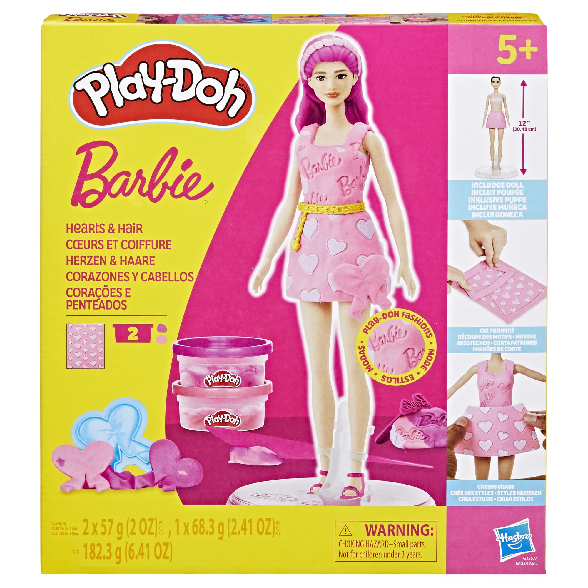 Play-Doh Barbie Hearts and Hair Doll Set - Fashion & Hair Styling Playset for Ages 5+