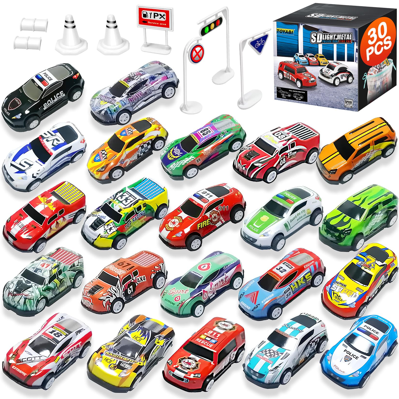 TOYABI Metal Pull Back Race Car Set - 22Pcs Mini Cars with 8 Roadblocks for Kids 3+