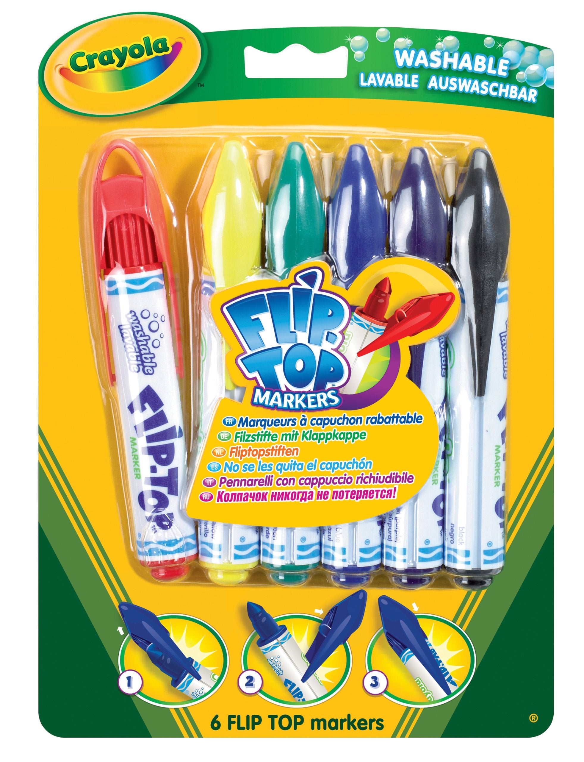 CRAYOLA Flip Top Washable Markers - 6-Pack with Non-Lost Lids | Ideal for Kids 3+