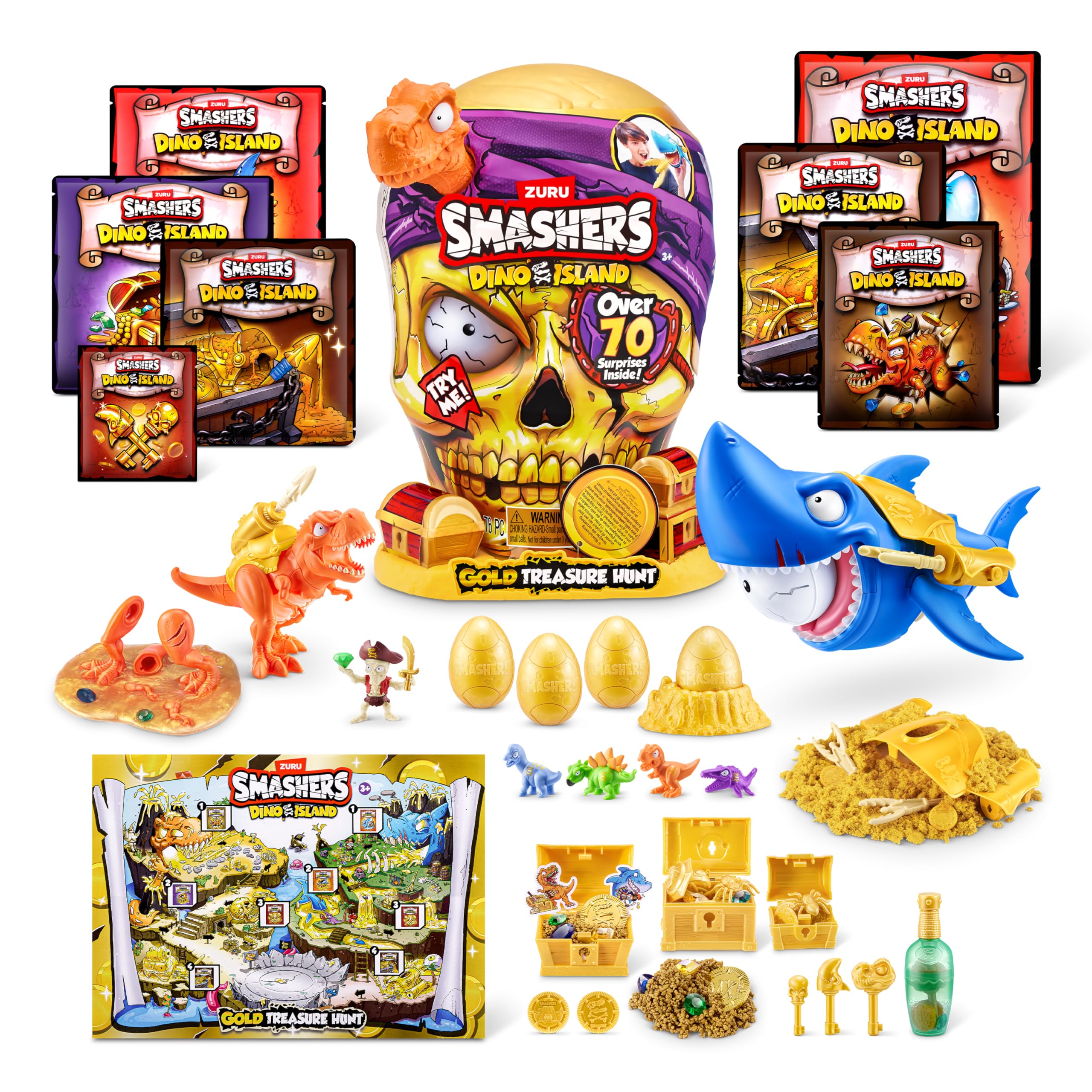 ZURU SMASHERS Dino Island Gold Treasure Hunt - Orange Dinosaur Skull Playset for Kids