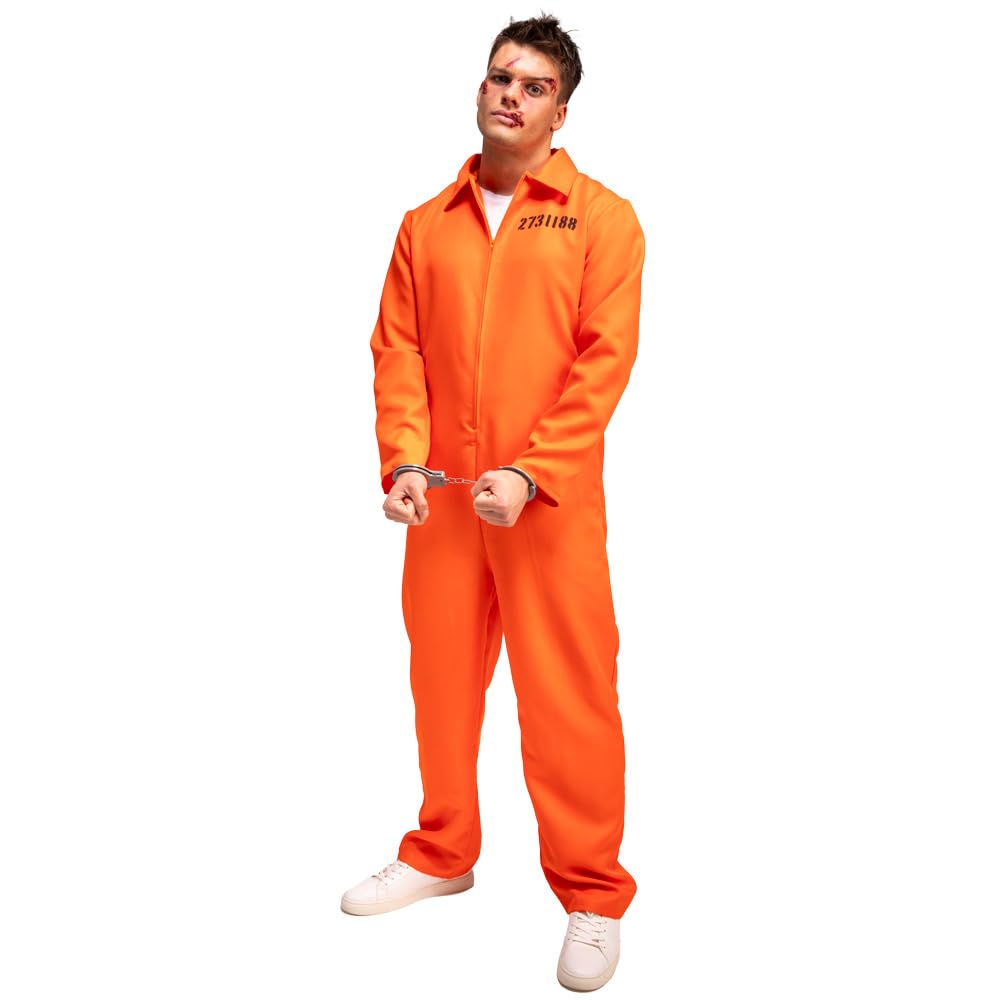 Wicked Costumes Men's Orange Convict Costume with Handcuffs & ID Board - Adult Fancy Dress 8