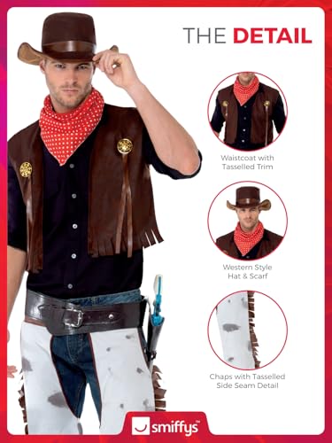 Smiffys Adult Men's Cowboy Costume - Western Outfit with Waistcoat, Chaps, Scarf & Hat (Size M, Model 20471)