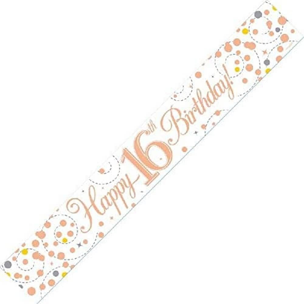 9ft Sparkling Fizz 16th Birthday Banner - Rose Gold Holographic