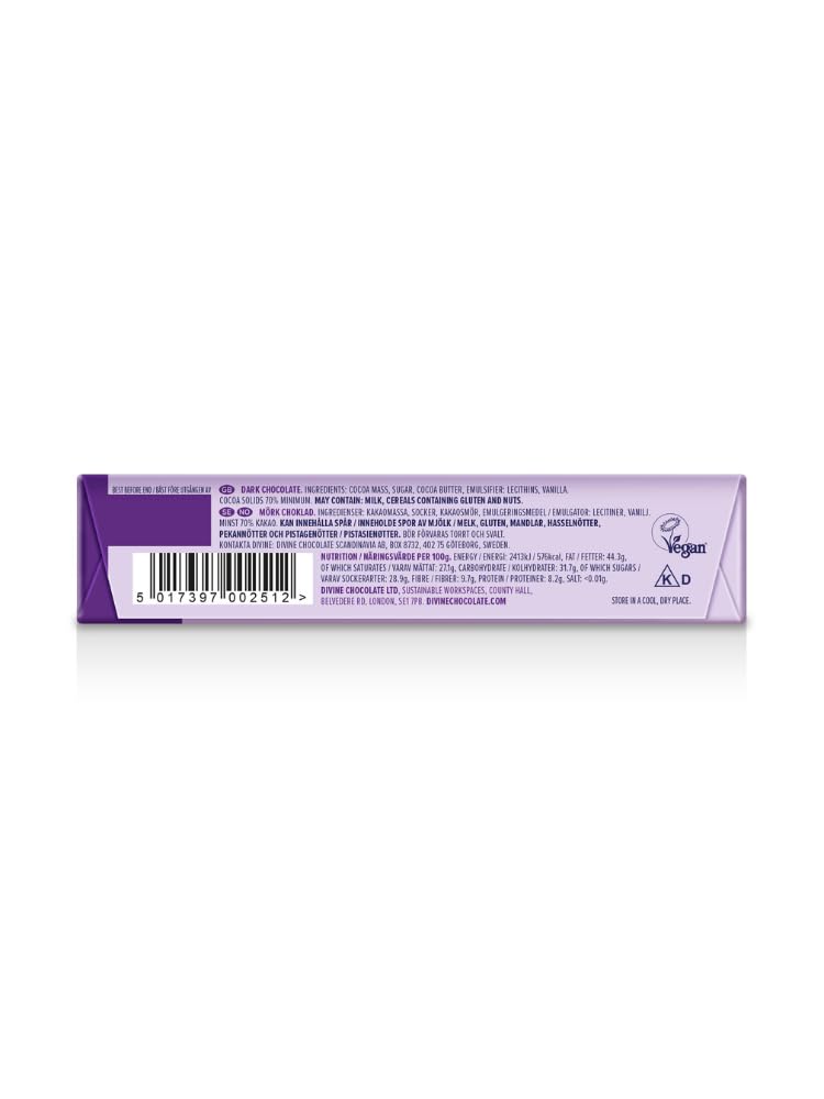 Divine 70% Cocoa Dark Chocolate Bars - 35g Each, Pack of 30 3
