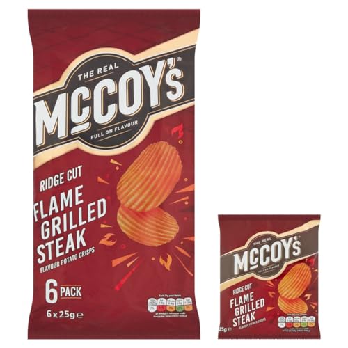 McCoys Flame Grilled Steak Crisps 25g (Pack of 6) - Ridged Crisps with Bold Steak Flavour