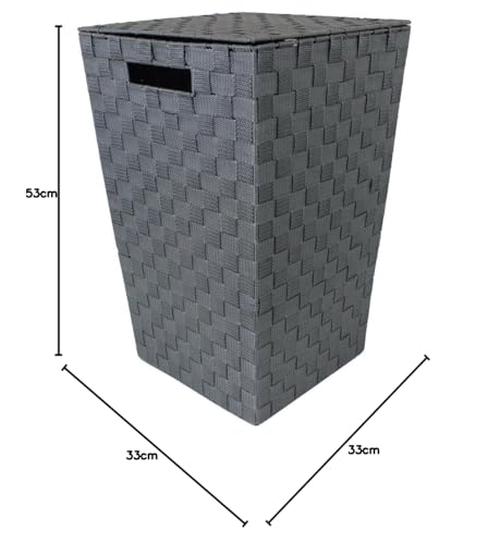 JVL Grey Tapered Laundry Basket with Inset Handles - Modern Rectangular PP Laundry Hamper with Hinged Lid, 33 x 33 x 53cm